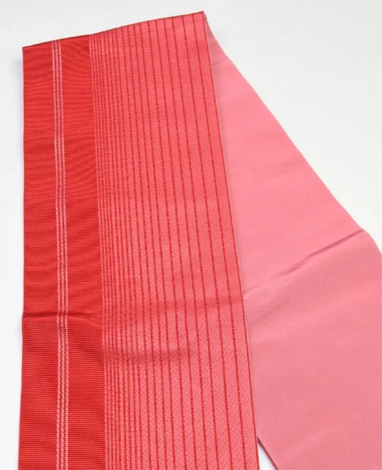 浴衣帯 赤/縞柄 リバーシブル 小袋帯 ポリエステル