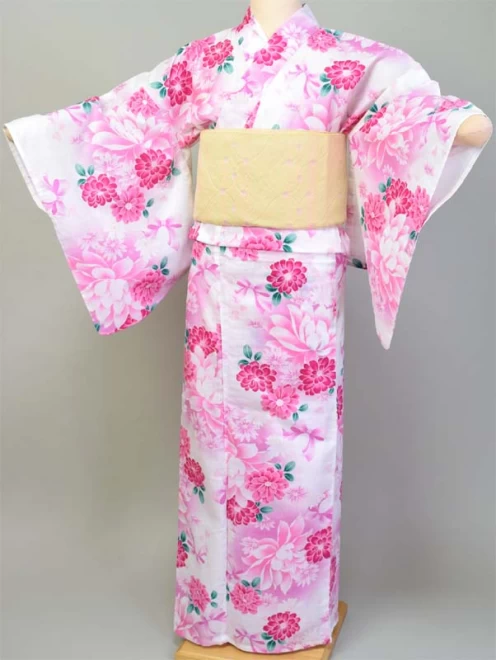 レディース浴衣 レトロ 白/ピンク 花柄 変わり織り
