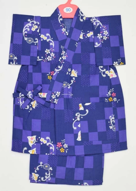 子供甚平 女の子 紺・紫色/市松・ちどり柄 90cm セール
