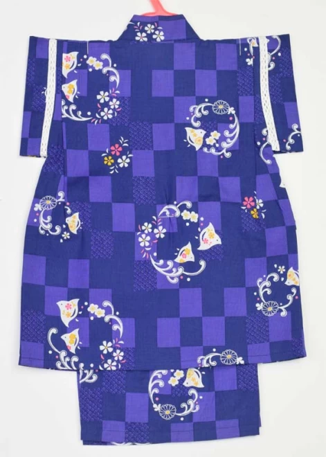 子供甚平 女の子 紺・紫色/市松・ちどり柄 90cm セール