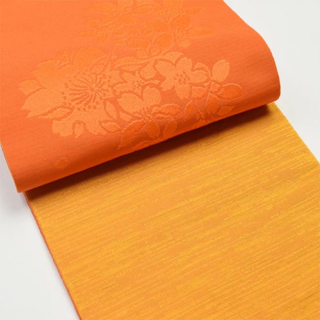 浴衣帯 橙色/オレンジ色 リバーシブル小袋帯 ポリエステル - 呉服のひぐち