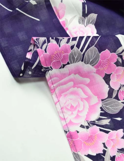 レディース浴衣 白地・濃紫色/花柄 変わり織り