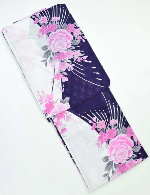 レディース浴衣 白地・濃紫色/花柄 変わり織り