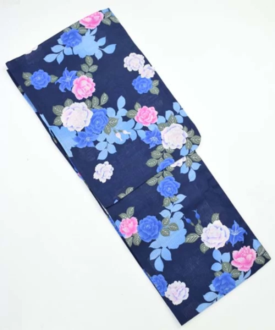 レディース浴衣　藍色/花柄　変わり織り　セール価格