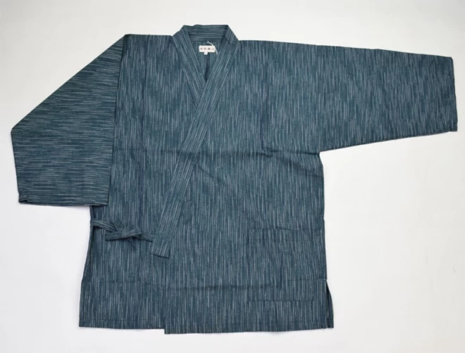 男 紳士 メンズ作務衣 グリーン系/縞柄 久留米紬絣織り 日本製