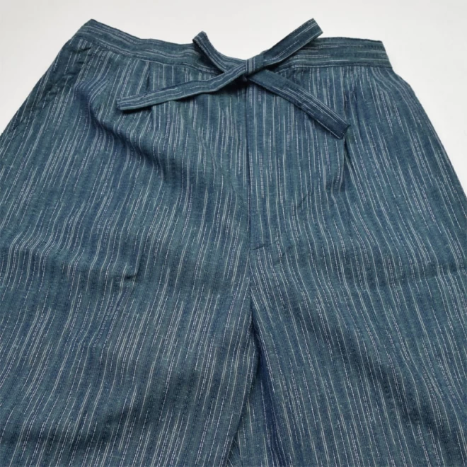 男 紳士 メンズ作務衣 グリーン系/縞柄 久留米紬絣織り 日本製