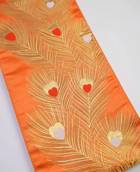 七歳 袋帯 橙色 正絹 未仕立品 かがりサービス - 呉服のひぐち