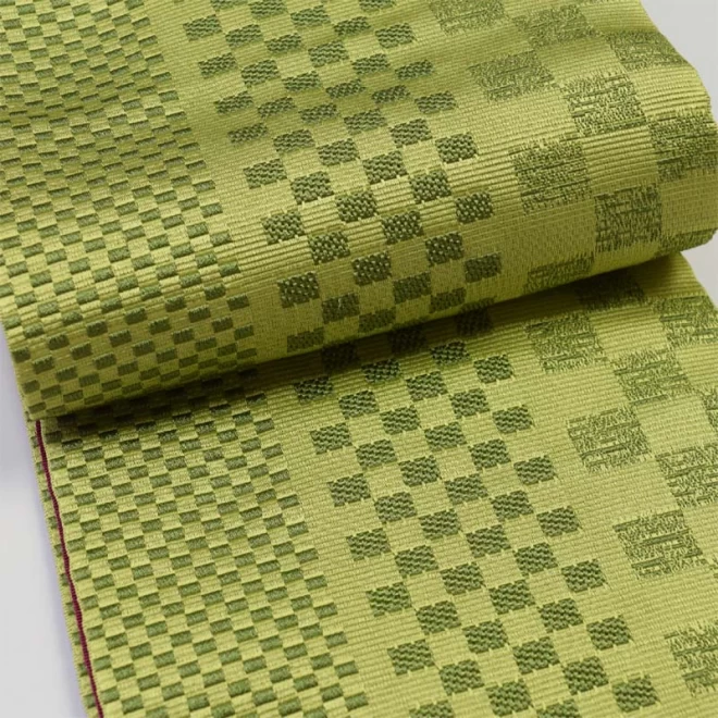 浴衣帯 半巾帯 黄緑色/エンジ 市松柄 リバーシブル 小袋帯