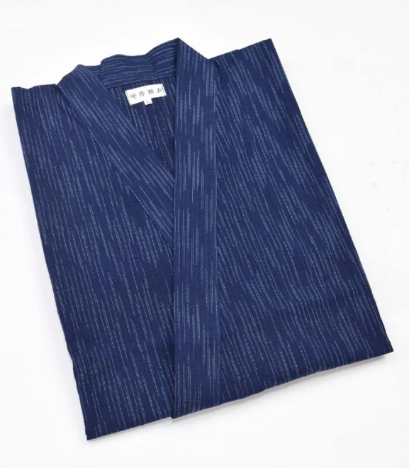 男 紳士 メンズ作務衣 濃紺/縞柄 久留米紬絣織り 日本製